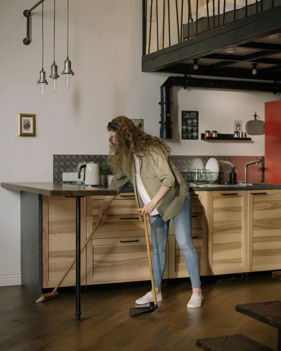 Mopping a kitchen floor and edges